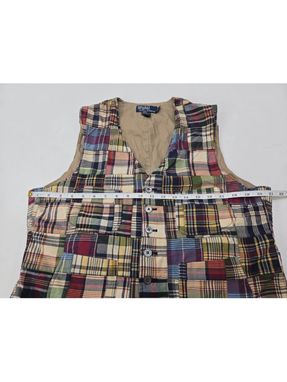 Polo Ralph Lauren India Madras Plaid Patchwork Vest Cinch Back Size L Mens - Picture 10 of 10